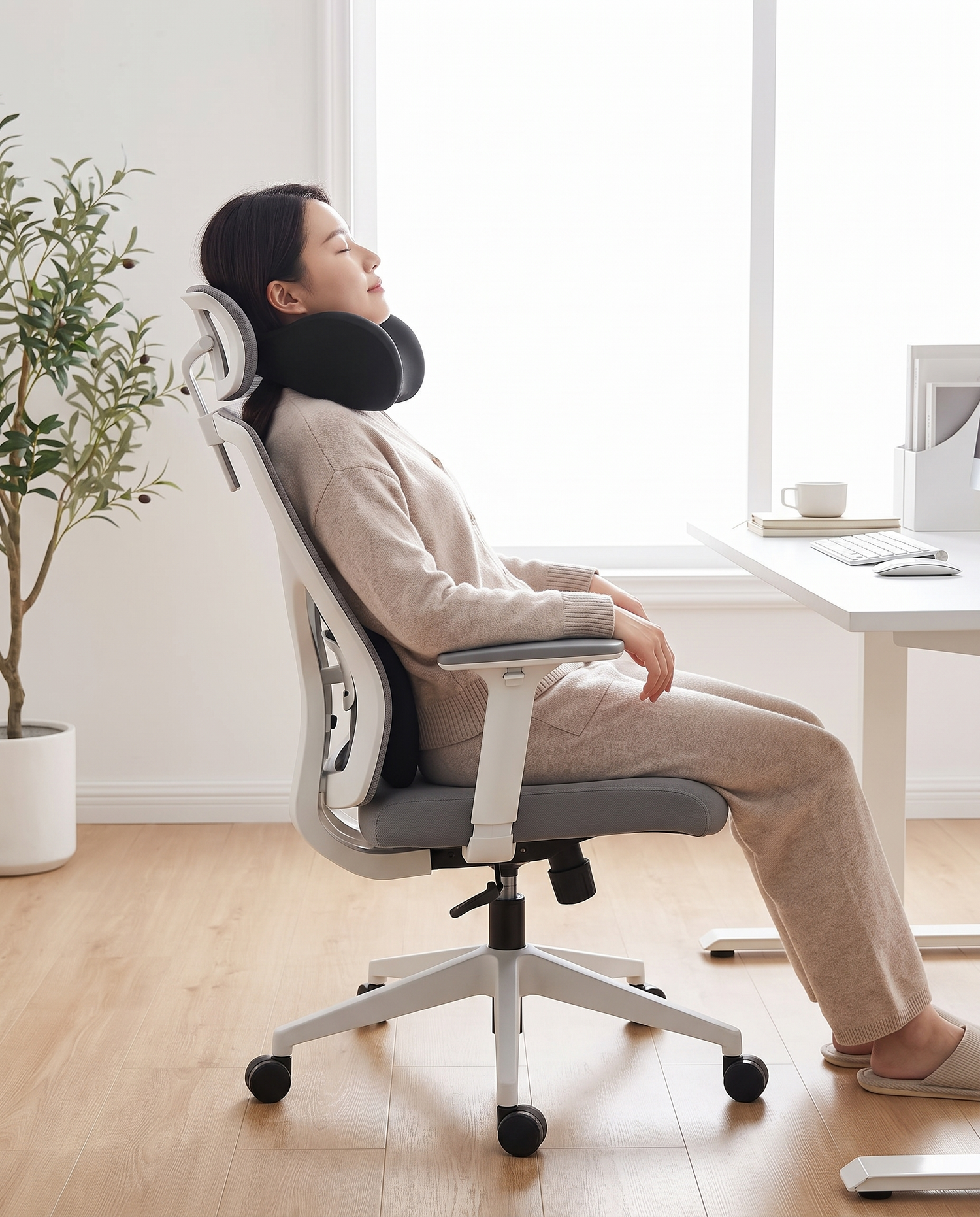 Personne utilisant le coussin de nuque DeskZen sur une chaise