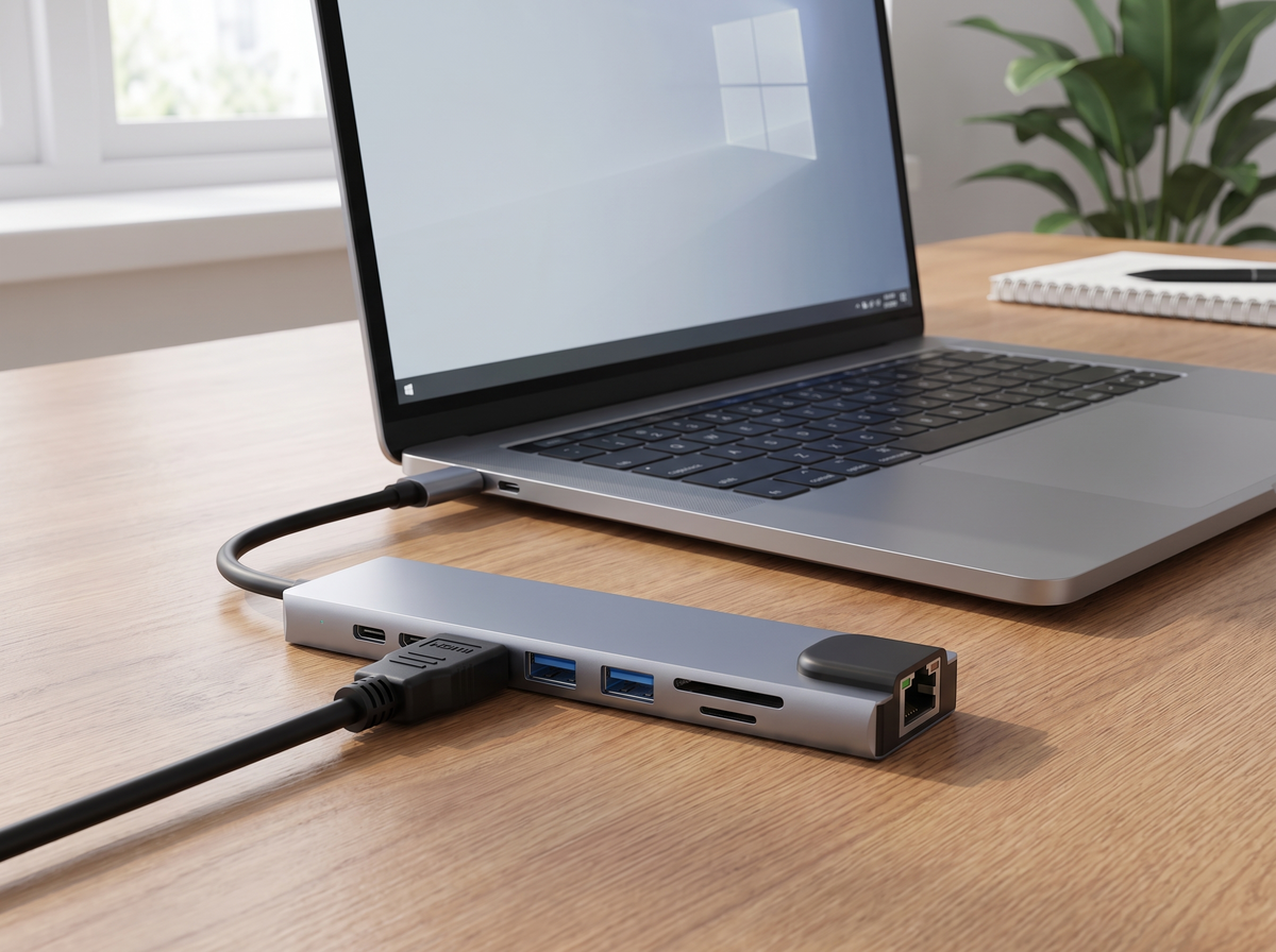 Hub USB-C 8-en-1 DeskZen branche sur un ordinateur portable