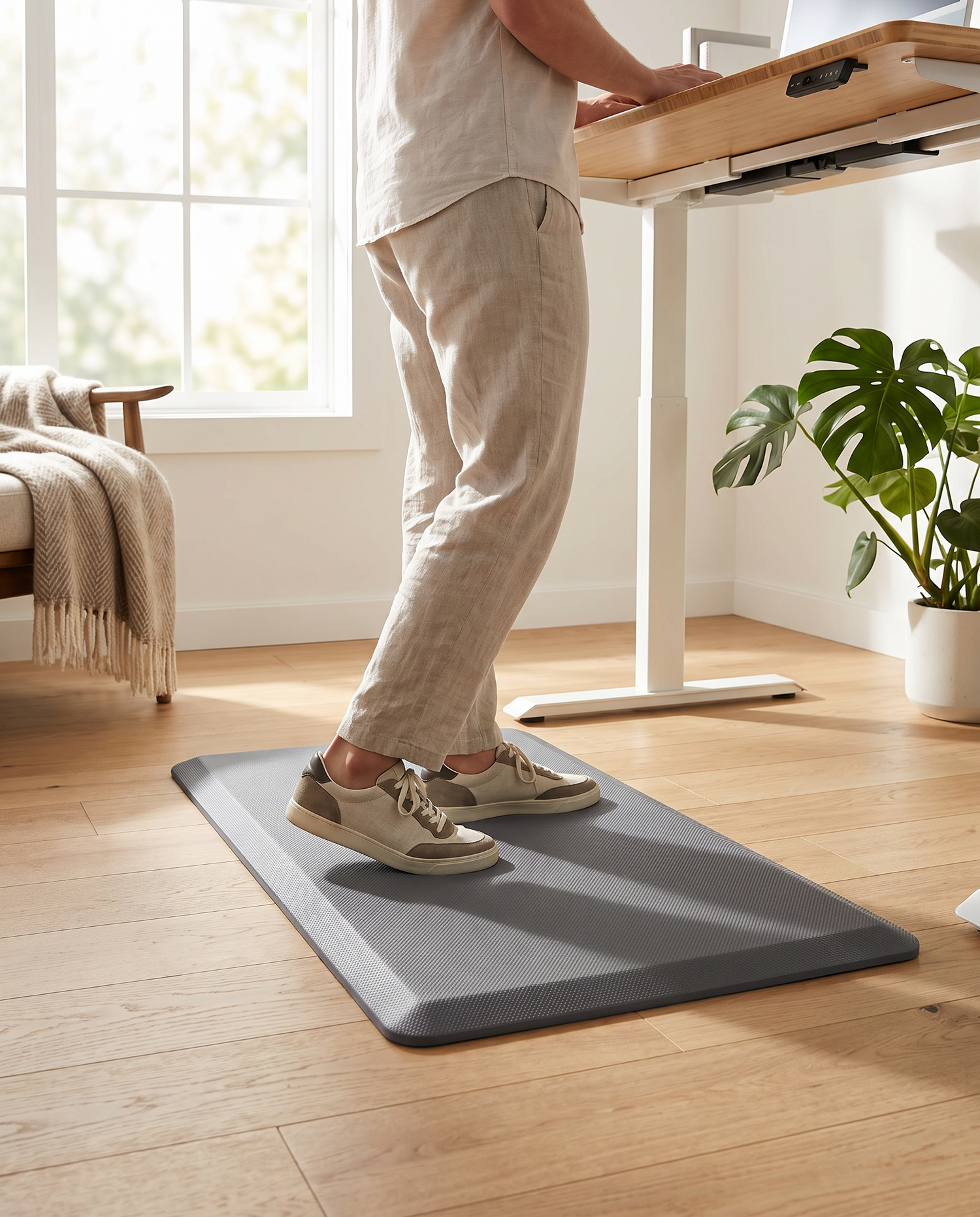 Personne debout sur le tapis anti-fatigue Deskzen a un bureau assis-debout