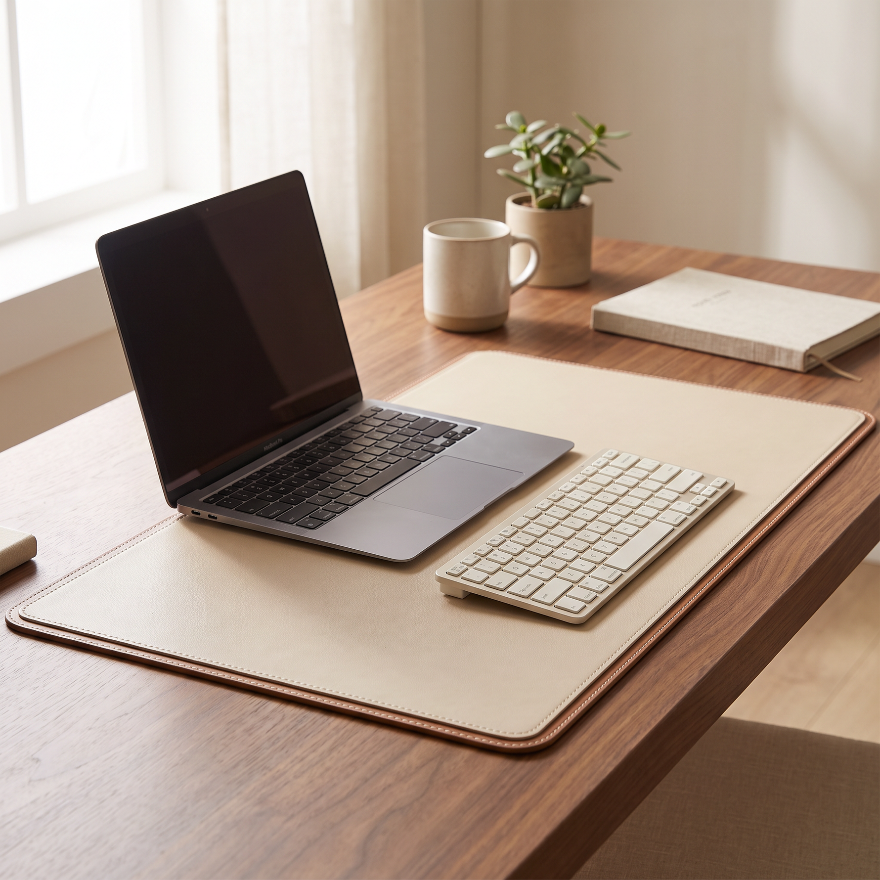 Tapis de bureau beige en contexte bureau noyer