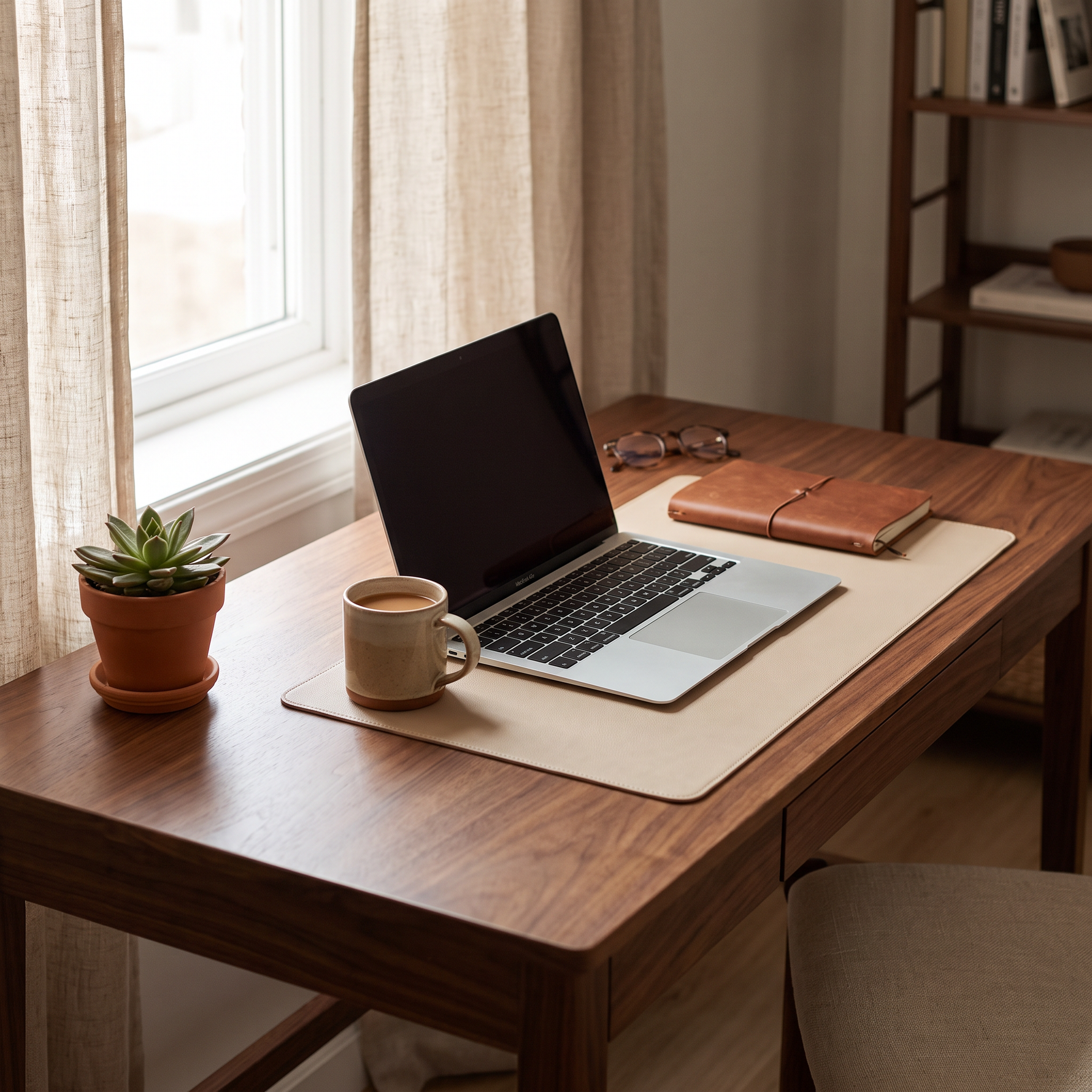 Ambiance bureau avec tapis laptop et plante