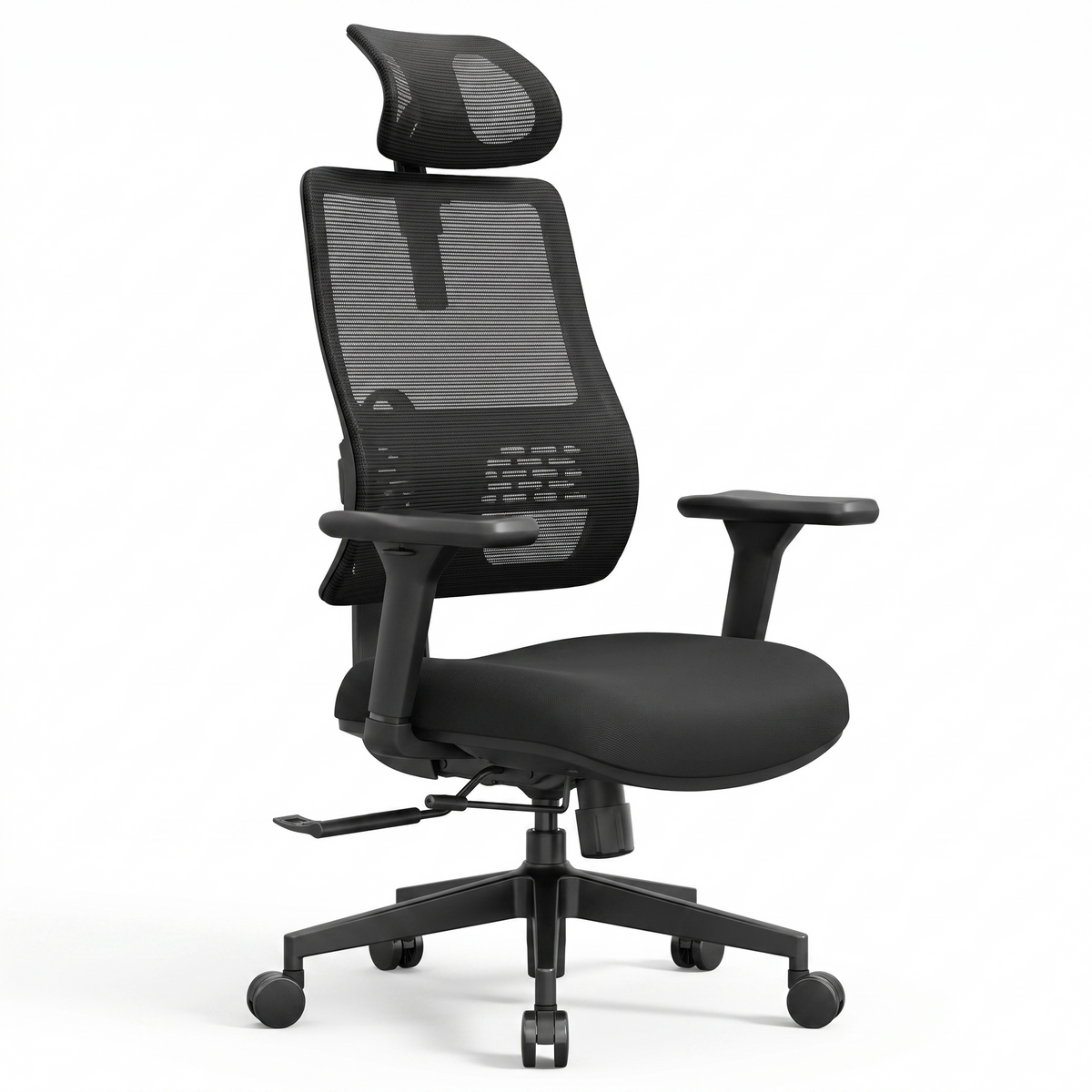 Chaise ergonomique DeskZen Flow noire, fond blanc
