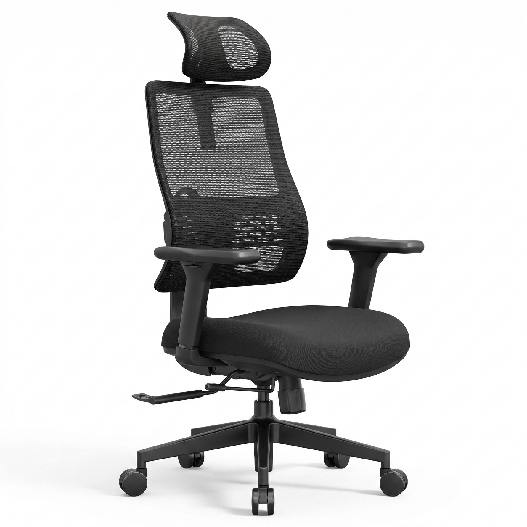 Chaise ergonomique DeskZen Flow noire, fond blanc