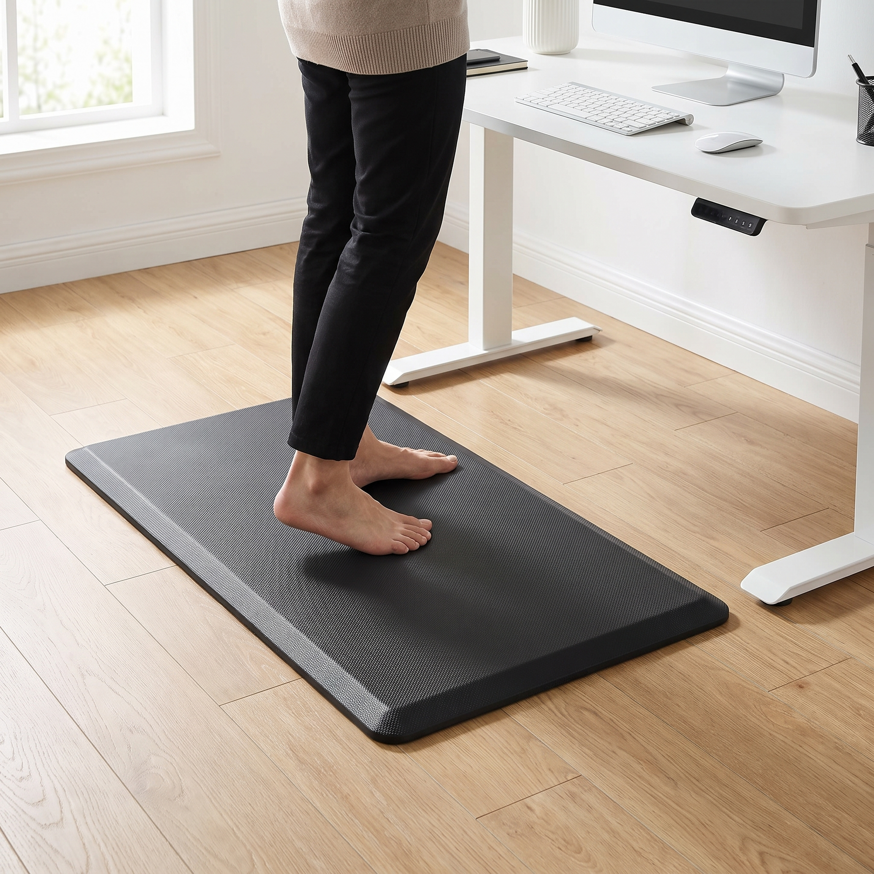 Tapis anti-fatigue Deskzen en situation devant un bureau assis-debout