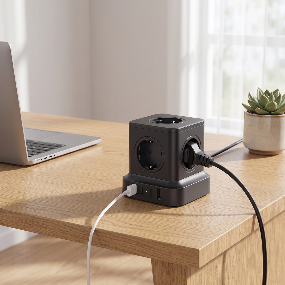 Multiprise cube DeskZen en contexte sur bureau